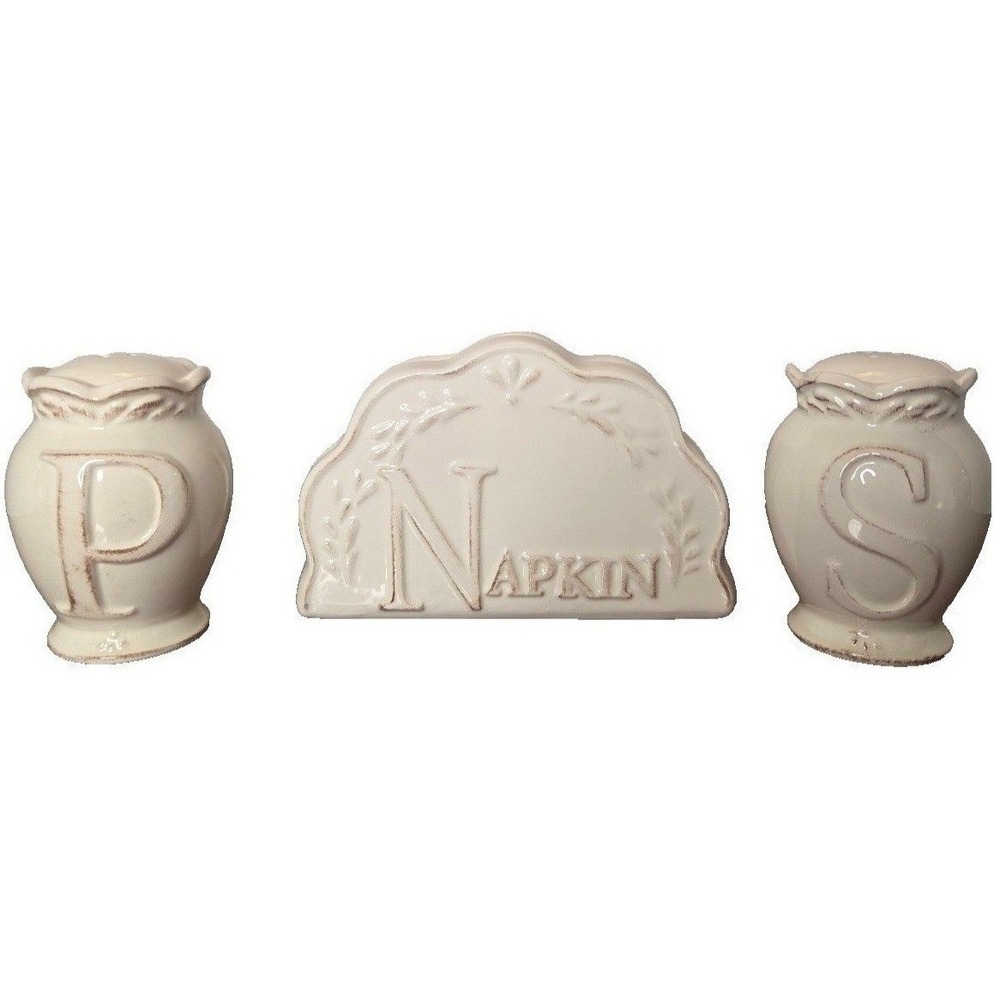 Farmhouse Ceramic Salt and Pepper Shakers and Napkin‎ Holder Set Cream 3 Piece